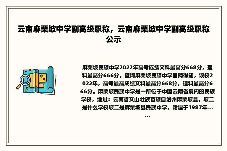 云南麻栗坡中学副高级职称，云南麻栗坡中学副高级职称公示